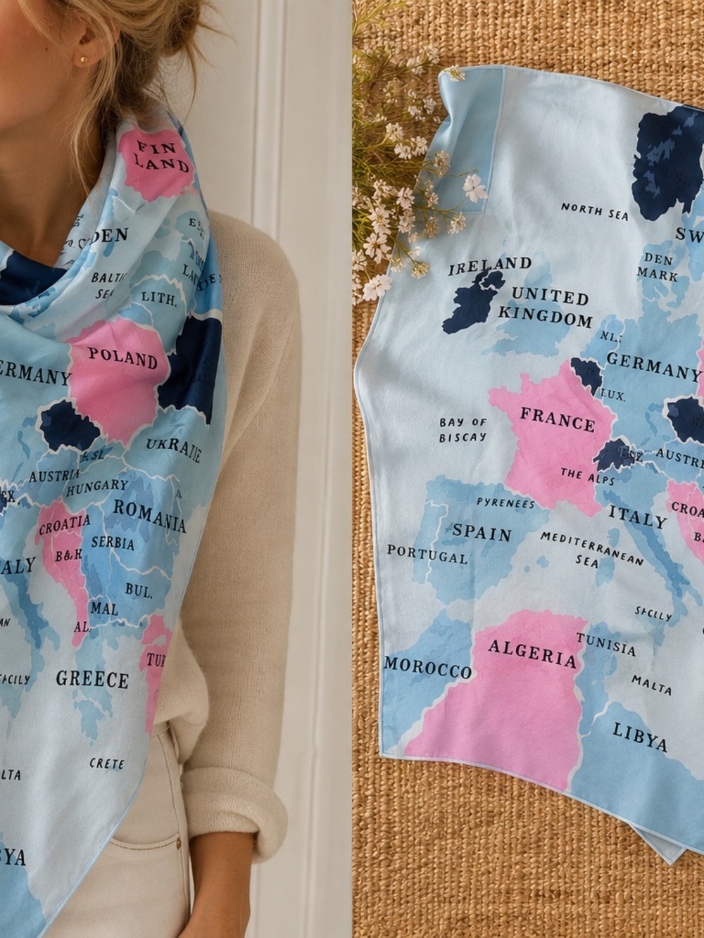 Kate Spade Going Places Europe Map 100% Silk Scarf Icy Blue Pink NWT